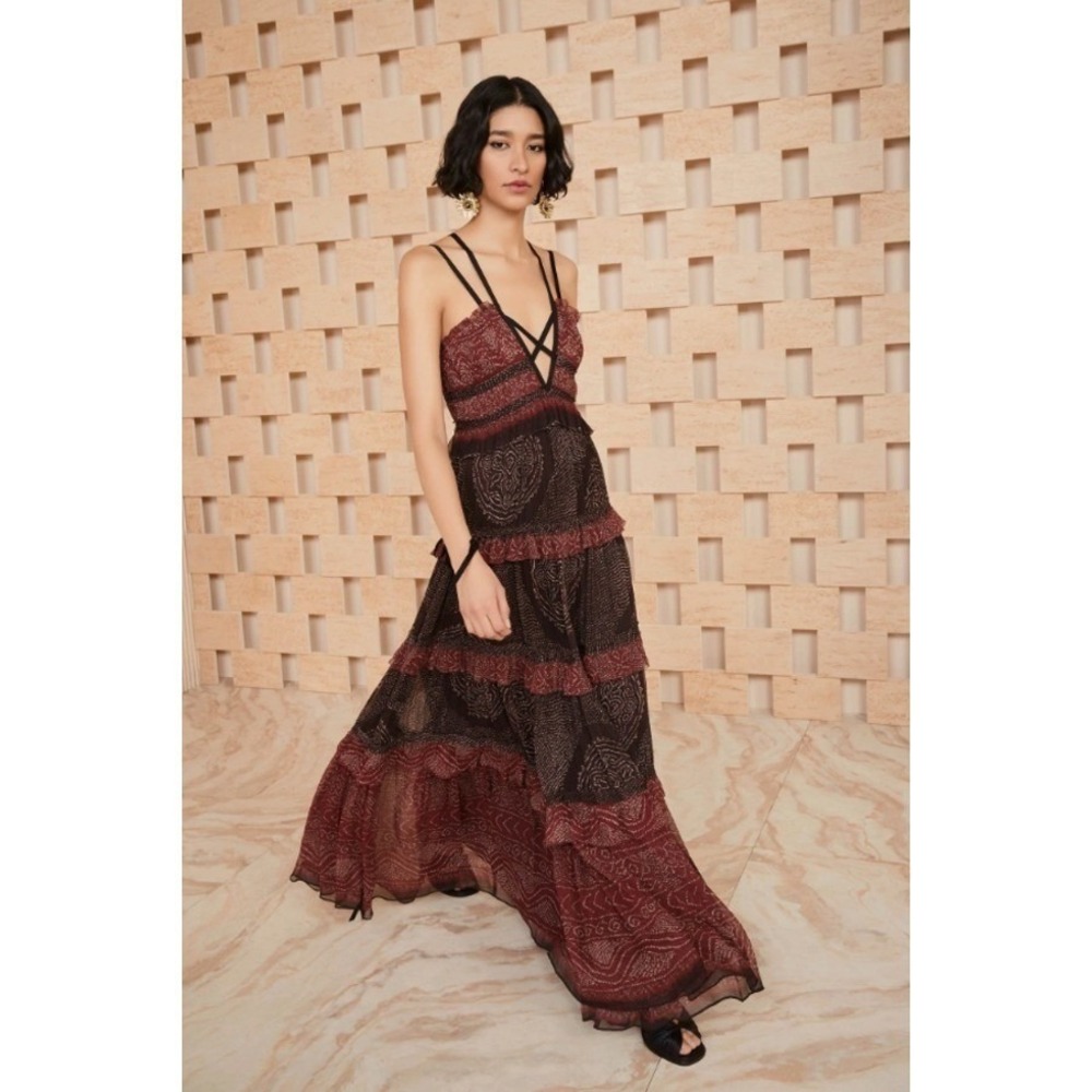 Ulla Johnson Agathe Gown Garnet Silk Crinkle Chiffon Tiered‎ Maxi Dress Size 4 - Picture 6 of 13